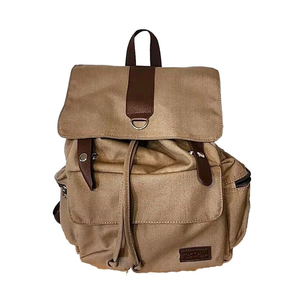 Bella Russo Unisex Tan Beige Khaki Canvas Drawstring Pockets Backpack